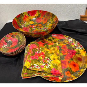 Vtg 70s Pink Floral Fiberglass Serving Snack Sald Bowls Set w Tray Napkins Patio